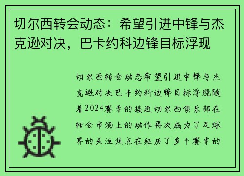 切尔西转会动态：希望引进中锋与杰克逊对决，巴卡约科边锋目标浮现