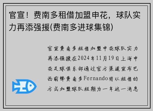 官宣！费南多租借加盟申花，球队实力再添强援(费南多进球集锦)